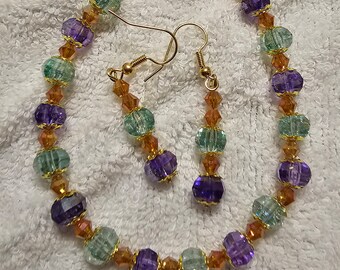 Conjunto de pulseira e brinco Misty Morning Tennis, azul claro, roxo, dourado, pulseira de tênis, brincos pendurados