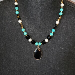Art Deco Collection, Art Deco, Necklaces, Pendant, Teal, Black, White, Gold, Beaded Necklace, Everyday Jewelry