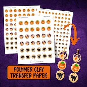 Könnte beinhalten: Drei Bögen Transferpapier für Polymer-Ton mit wiederkehrenden kreisförmigen Motiven von orangefarbenen Kürbissen, weißen Geistern und schwarzen Katzen. Ein Paar Ohrhänger zeigt diese Motive. Der Text lautet "POLYMER CLAY TRANSFER PAPER".