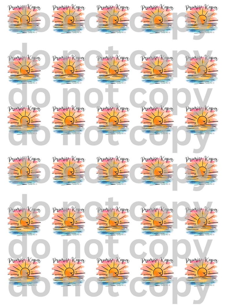 K&ouml;nnte beinhalten: Ein digitales Blatt mit 25 Aquarell-Sonnenuntergangs-Illustrationen mit dem Text "Promise Keeper" in einer handschriftlichen Schriftart. Die Sonnenunterg&auml;nge sind in Orange-, Gelb-, Rosa- und Blaut&ouml;nen gemalt.