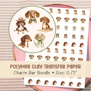 Puede incluir: Una hoja de papel de transferencia para arcilla polimérica con múltiples ilustraciones pequeñas en acuarela de perros salchicha en varias poses, algunos con sombreros o pajaritas verdes. El texto dice POLYMER CLAY TRANSFER PAPER.