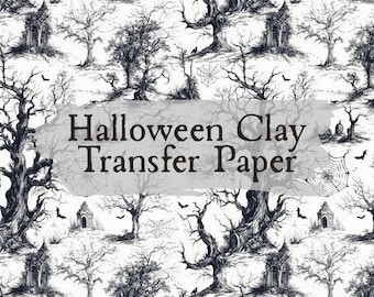 Overdrachtpapier van klei voor Halloween-kerkhof #HF58, Haunted Forest-patroon voor spookachtige oorbellen, wateroplosbare transfers voor oorbellen van polymeerklei