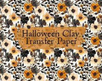 Halloween bloemenklei transferpapier #HF57, oranje bloemenpatroon voor herfstoorbellen, wateroplosbare transfers voor polymeerklei-oorbellen