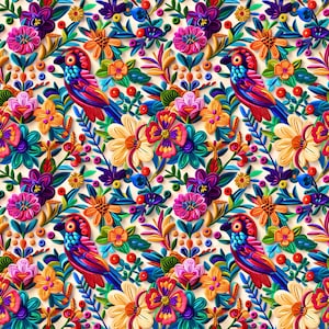 May include: A colorful, vibrant floral pattern with stylized birds. The background is a light cream color. The flowers are in shades of pink, red, orange, yellow, blue, green, and purple. The birds are a bright blue and red.
