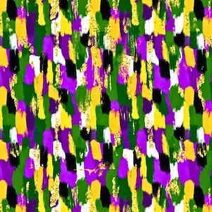 Puede incluir: Patrón abstracto con pinceladas en tonos de morado, verde, amarillo, negro y blanco. El patrón tiene un efecto de purpurina dorada.