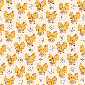 May include: A repeating pattern of yellow bows and pencils with pink erasers, and white daisy flowers on a light peach background. The bows have a pencil design, with a yellow bow shape and a pencil tip at the bottom.