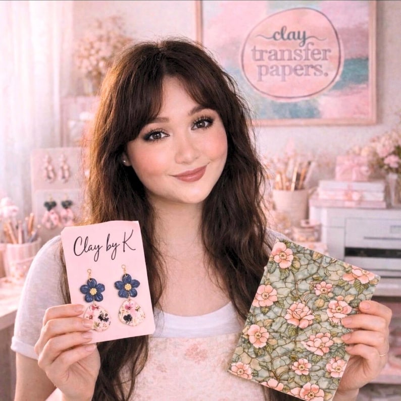 May include: A woman holding a card with "Clay by K" and flower earrings, and a floral patterned paper. The earrings feature blue and floral designs. The paper has a green background with pink flowers. A sign in the background reads "clay transfer papers."