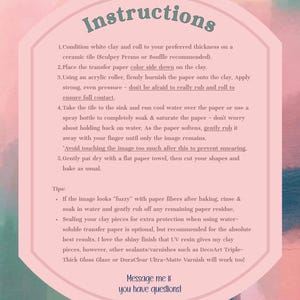 May include: A pink-framed instruction sheet with the word "Instructions" at the top. The text provides steps for working with clay, including using transfer paper and an acrylic roller. The Etsy shop URL is at the bottom.