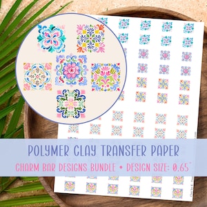 May include: Polymer clay transfer paper with colorful floral designs. The designs are in a square format and feature pink, blue, green, and yellow accents. The text on the paper reads "Charm Bar Designs Bundle" and "Design Size: 0.65".