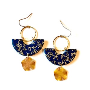 Navy Clay Earrings, Blue Earrings, Floral Clay Earrings, Fall Earrings, Wedding Clay Earrings, Statement Clay Earrings