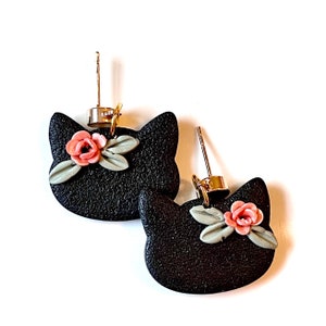 Black Kitty Cat Clay Earrings, Cat Earrings, Earrings for Cat Lover, Cute Kitten Clay Earrings, Animal Rescue Jewelry, Custom Cat Jewelry