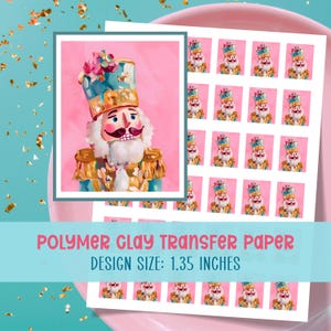 May include: A sheet of polymer clay transfer paper featuring a repeating nutcracker design on a pink background. Each individual nutcracker image measures 1.35 inches. The design includes a blue and gold uniform with a matching hat and white beard.