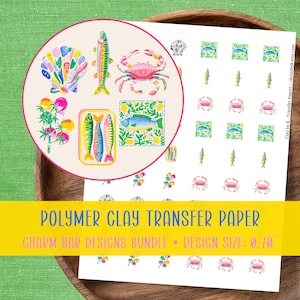 May include: Polymer clay transfer paper with colorful marine-themed designs. The designs include a seashell, fish, crab, and floral elements. The text on the paper reads "POLYMER CLAY TRANSFER PAPER" and "CHARM BAR DESIGNS BUNDLE". Design size is 0.70 inches.