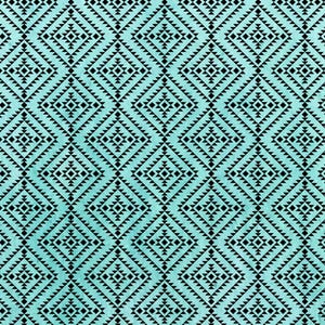 May include: A turquoise and black geometric pattern featuring repeating diamond shapes. The design is composed of black triangles and diamond shapes on a light turquoise background, creating a textured effect.