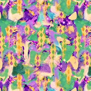 Könnte beinhalten: Abstraktes nahtloses Muster mit einem Marmormuster in Grün-, Lila-, Gelb- und Rosatönen. Das Muster ist mit einem Diamantenmuster in Gold und Lila überlagert.