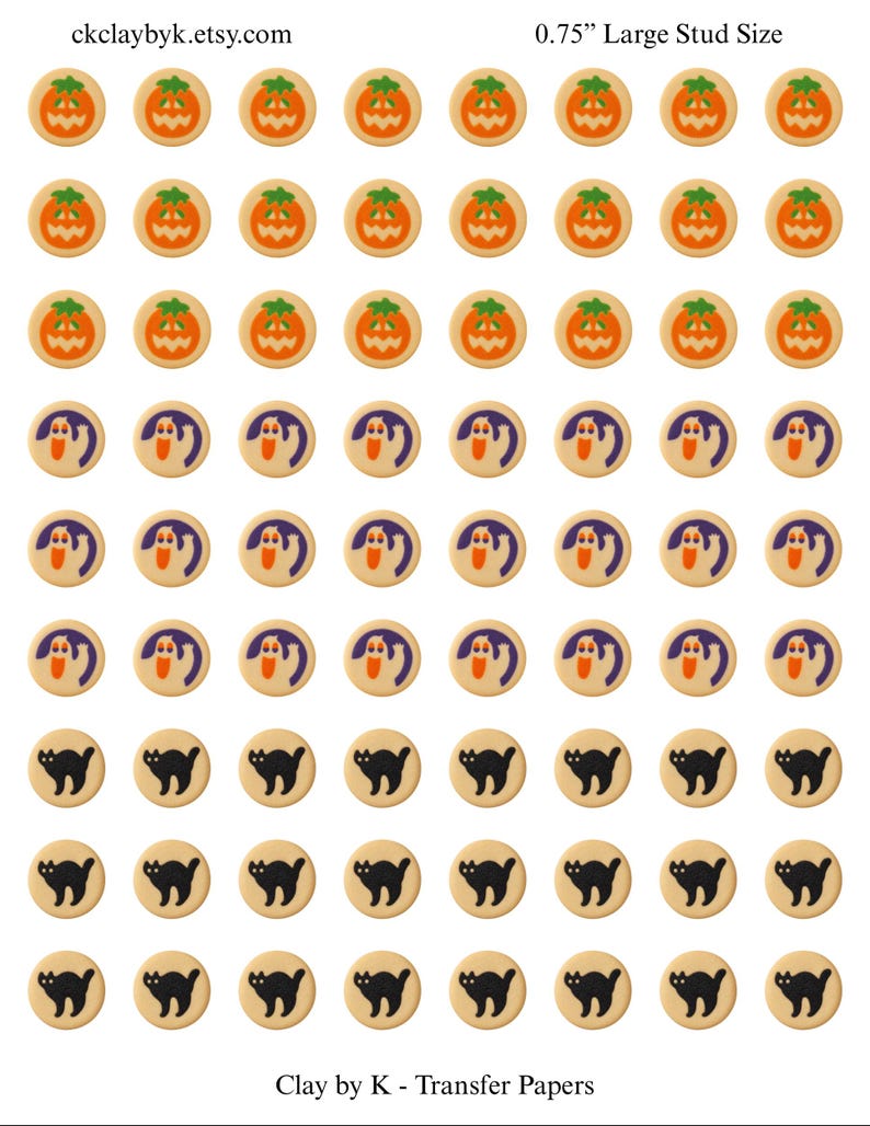Op de afbeelding: Een vel met ronde transferpapieren met Halloween-ontwerpen, waaronder oranje pompoenen, paarse geesten en zwarte katten. Het vel bevat de tekst ckclaybyk.etsy.com, 1,9 cm Large Stud Size en Clay by K - Transfer Papers.