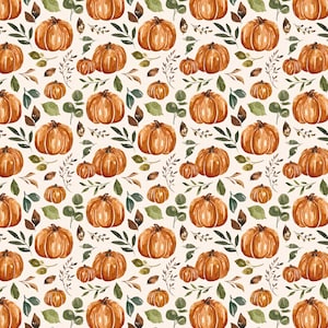 Pode incluir: Um padrão sem costura com ilustrações de aquarela de abóboras laranja e folhas verdes sobre um fundo creme.