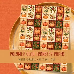 Höstlapptäckeöverföringspapper för polymerlera #O28, vattenlösligt blommigt pumpamönster för örhängen, stora 8,5x11 ark