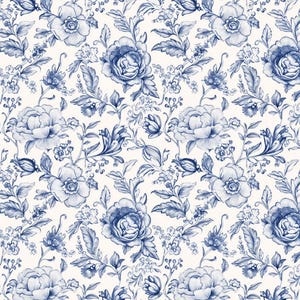 Può includere: Un motivo floreale senza cuciture in blu e bianco. Il motivo comprende vari fiori, foglie e steli, creando un design delicato e intricato.