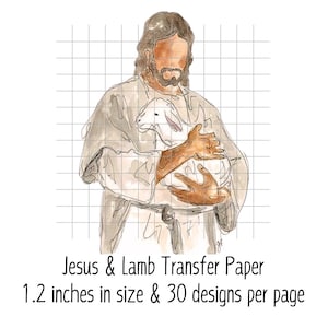 Pode incluir: Ilustração em aquarela de Jesus segurando um cordeiro. A imagem está em tons suaves de marrom e branco, com um fundo quadriculado. O texto na parte inferior diz "Jesus & Lamb Transfer Paper" e "1,2 polegadas de tamanho e 30 designs por página."