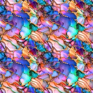 May include: Abstract art print featuring a colourful, swirling pattern of blue, purple, pink, and orange hues. The pattern is outlined in gold, creating a glittering effect.