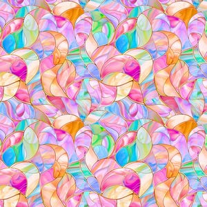 May include: A seamless pattern featuring a colorful abstract design with a stained glass effect. The design is made up of various shapes and swirls in shades of pink, blue, green, and orange.