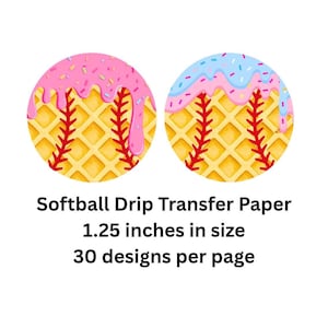 Puede incluir: Dos diseños con temática de softbol con textura de gofre, costuras rojas y efecto goteo. Uno tiene glaseado rosa con chispas, el otro tiene glaseado azul. El texto dice "Softball Drip Transfer Paper".