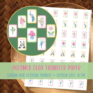 May include: Polymer clay transfer paper with charm bar designs. The designs include floral arrangements, a peacock, a panda, and a parrot. The design size is 0.90 inches. The text on the paper reads "Polymer Clay Transfer Paper" and "Charm Bar Designs Bundle".