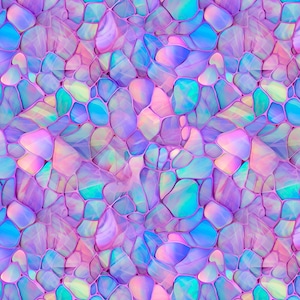 Pode incluir: Padrão abstrato sem costura com cores iridescentes azul, rosa e roxo. O padrão se assemelha a um mosaico de formas arredondadas.