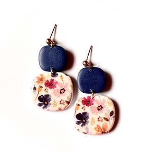 Navy Clay Earrings, Blue Earrings, Floral Clay Earrings, Fall Earrings, Wedding Clay Earrings, Statement Clay Earrings
