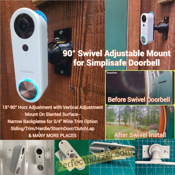 Simplisafe Doorbell 90 degree Swivel Mount Adjustable Tilting Bracket.  Can rotate from 15deg to 90deg. Get perfect viewing angle.
