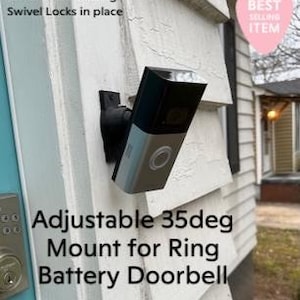 May include: An adjustable 35-degree black mount for a Ring battery doorbell, featuring inside wire routing and a swivel lock mechanism. The text on the image reads: Inside Wire Routing - Swivel Locks in place, Adjustable 35deg Mount for Ring Battery Doorbell.