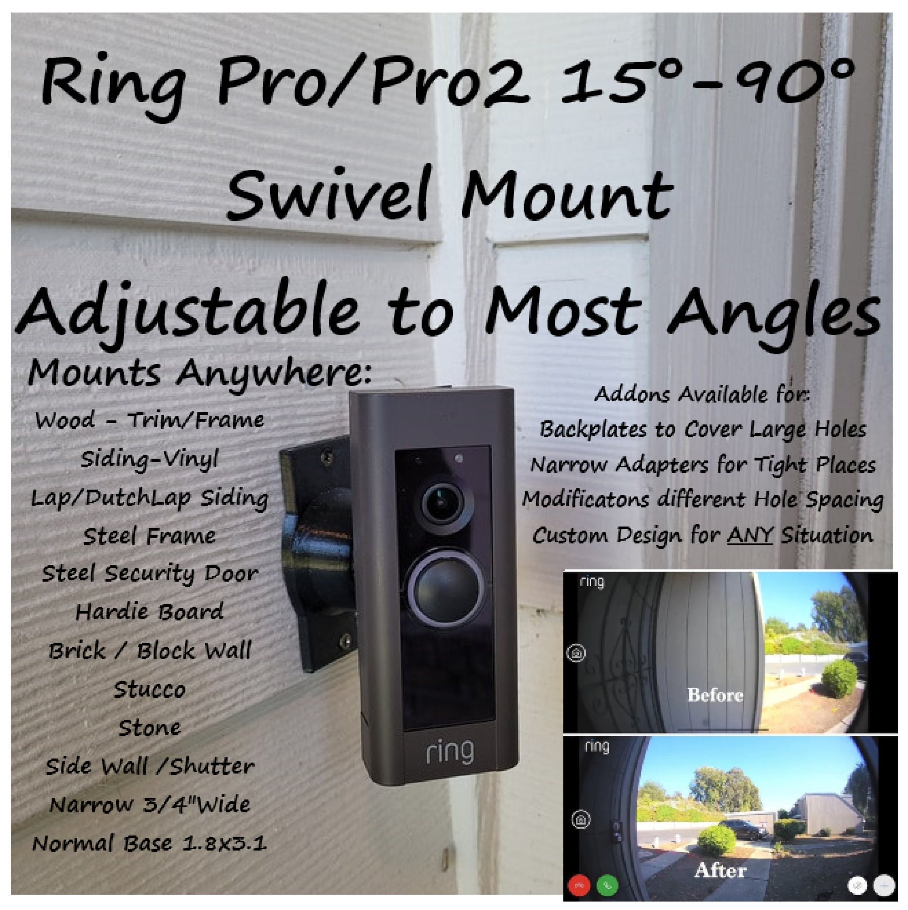 Ring Doorbell Wired 2021 90 Degree Swivel Mount Bracket Adjustable Tilt  Angle Rotate From 15deg to 90deg. Horizontal & Vertical Adjustment 