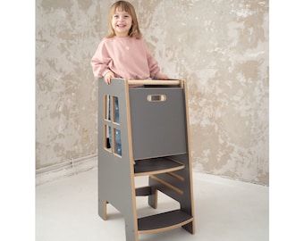 Kitchen helper Extra Safe, Grey, Kitchen helper tower, Kids tower, Kids helper, Kids step stool, Montessori furniture