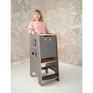 Kitchen helper Extra Safe, Grey, Kitchen helper tower, Kids tower, Kids helper, Kids step stool, Montessori furniture zdjęcie 1