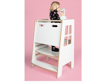 Kitchen helper Double safe for siblings,two kids, White, Kitchen helper tower, Kids tower, Kids helper, Kids step stool,Montessori furniture