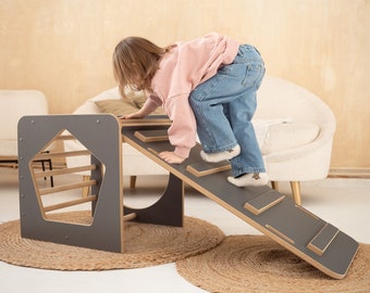 Montessori Klimkubus met glijbaan en klimwand LADDER - grijs