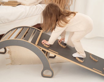 PETITE balançoire à bascule en arc d’escalade Montessori pour les tout-petits et les enfants avec toboggan et mur d’escalade NUAGES - gris