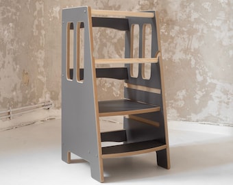 Aiutante da cucina LITTLE, Torre per aiutante da cucina, Torre per bambini, Aiutante per bambini, Sgabello per bambini, Mobili Montessori - grigio