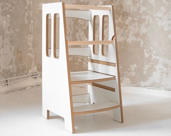 Aiutante da cucina LITTLE, Bianco, Torre per aiutante da cucina, Torre per bambini, Aiutante per bambini, Sgabello per bambini, Mobili Montessori