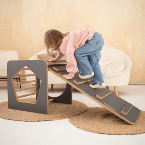 Montessori Climbing Cube with slide and climbing wall LADDER - gray