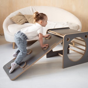 Montessori Climbing Cube with slide and climbing wall CLOUDS - gray