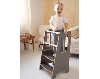 Ayudante de cocina LITTLE, Torre de ayuda de cocina, Torre para niños, Ayudante para niños, Taburete para niños, Muebles Montessori - gris