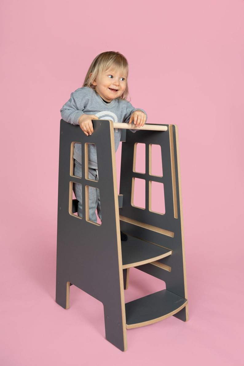 Kitchen helper Extra Safe, Grey, Kitchen helper tower, Kids tower, Kids helper, Kids step stool, Montessori furniture zdjęcie 4