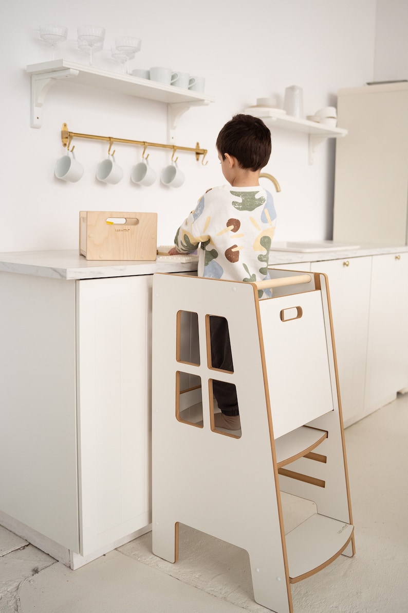 Kitchen helper Extra Safe, White, Kitchen helper tower, Kids tower, Kids helper, Kids step stool, Montessori furniture image 2