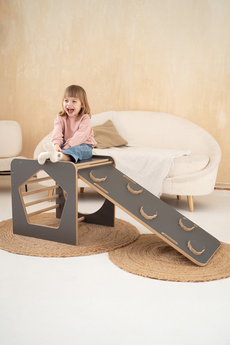 Montessori Klimkubus met glijbaan en klimwand WOLKEN grijs afbeelding 7
