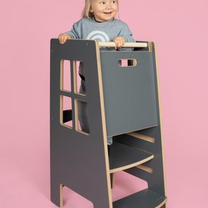 Kitchen helper Extra Safe, Grey, Kitchen helper tower, Kids tower, Kids helper, Kids step stool, Montessori furniture zdjęcie 3