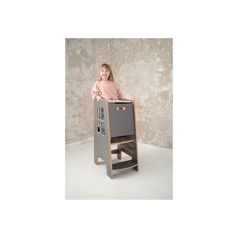 Küchenhelfer Extra Safe, Grau, Küchenhelfer-Turm, Kinderturm, Kinderhelfer, Kinder-Tritthocker, Montessori-Möbel Bild 1