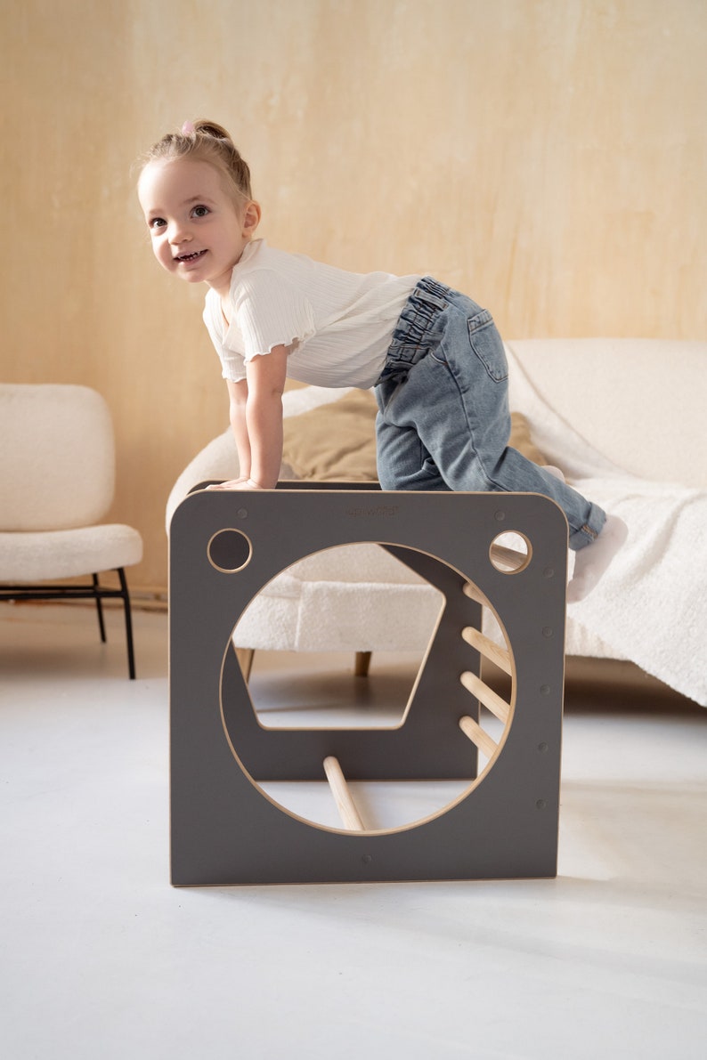 Montessori Klimkubus met glijbaan en klimwand WOLKEN grijs afbeelding 4