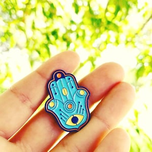 Colorful Hamsa Enamel Pin – Light Blue, Navy, and Orange, Protective Symbol Accessory